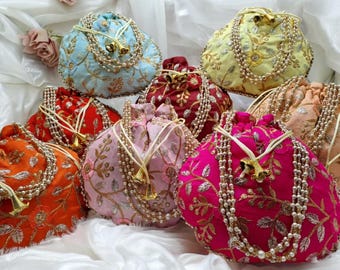 Embroidered Potli Bag: Indian Wedding Favor, Pearl Handle Clutch