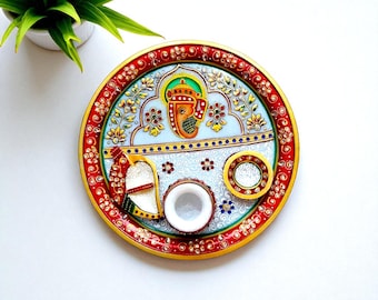 Handcrafted Marble Pooja Thali Set: Hindu Puja Plate with Diya
