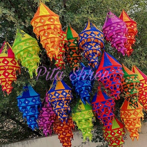 Mix Lot Indian Wedding Decor Lanterns Collapsible Lamps Colorful Hangings Garden Chandeliers Handmade Fabric Lamp