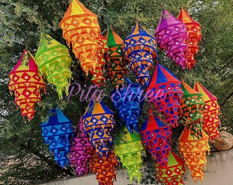 Mix Lot Indian Wedding Decor Lanterns Collapsible Lamps Colorful Hangings Garden Chandeliers Handmade Fabric Lamp