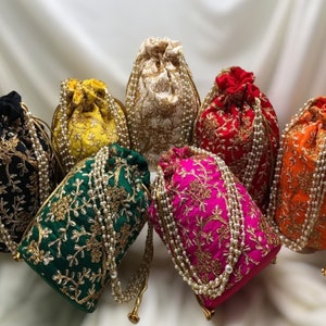 Bolso de mano bordado hecho a mano indio para mujer, bolso Potli, bolsa con cordón, regalo de boda, regalo de devolución para invitados
