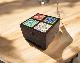 Handmade Wooden Jewelry Box: Multicolour Oriental Floral Ceramic Tile Lid
