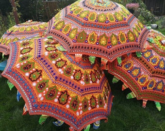 Elephant Embroidered Indian Garden Umbrella: 72" Cotton Parasol