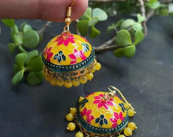 Hand-Painted Meenakari Jhumka Earrings: Floral Rajasthani Style