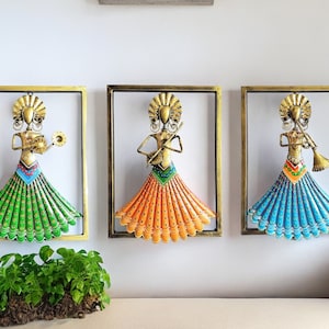 Indian Handmade Metal Wall Art Lady Musician, Home Decor, Luxury Style Housewarming Gifts, Set of 3 Pieces