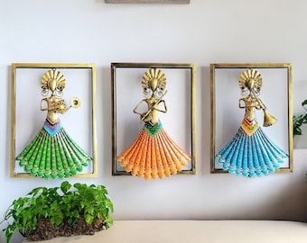 Handmade Indian Metal Wall Art: Lady Musicians, Set of 3