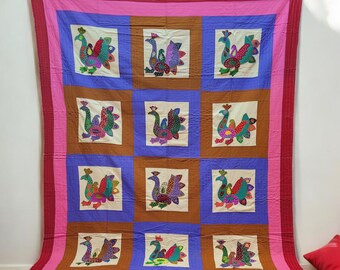 Handmade Cotton Kantha Bed Sheet: Peacock Patchwork Boho Bedspread Lightweight Bedspread
