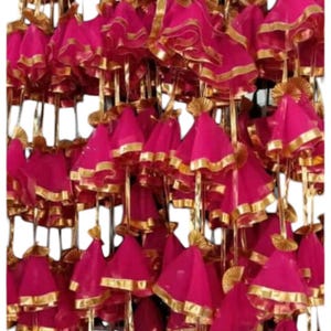 Fili di tessuto a rete con nappe colorate e fiori di Gota, decorazioni indiane per fondali da giardino, decorazioni per feste di inaugurazione della casa