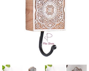 Mango Wood Block Print Design Hamsa Wall Hook