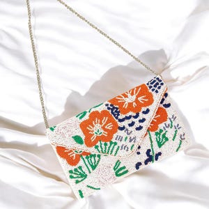 Cartera de mano con cuentas y flores, cartera de mano con flores, cartera de mano con cuentas, cartera de mano de verano con cuentas, cartera de mano para fiestas, regalo de cumpleaños, cartera de mano naranja