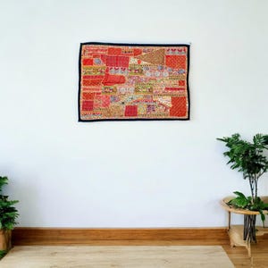 Broderad sari-gobeläng: Vintage indisk lapptäcke väggbonad vardagsrum, sovrum, halldekor