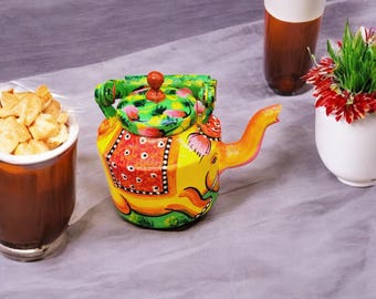 Tetera de aluminio pintada a mano: decoración tradicional para el hogar con estampado de elefantes