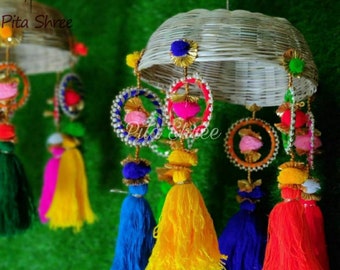 Multicolor Bamboo Tokri Indian Wedding Decoration Mehndi Decor Party Backdrop Door Hangings Tassels