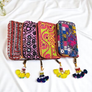 Surtido de 5 bolsos de mano antiguos, bolso étnico bohemio, bolso de mano con espejo sindhi, bordado, tribal, bohemio, bolso hecho a mano, bolsillo para dinero