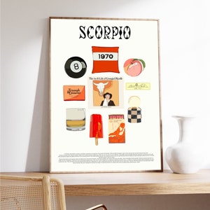 Op de afbeelding: Een afdrukbare poster met een minimalistisch ontwerp met verschillende afbeeldingen die gerelateerd zijn aan het sterrenbeeld Schorpioen. De poster is wit met oranje, rode en zwarte accenten. De tekst "Scorpio" staat bovenaan de poster in een vet, zwart lettertype. De poster bevat afbeeldingen van een perzik, een luciferdoosje, een glas whisky, een ijslolly, een stieren schedel, een plaat, een 8-ball, een kussen met het nummer 1970 erop en een geruite doos. De tekst "The Art & Life of Georgia O'Keeffe" is ook op de poster te vinden.