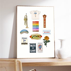 Stampa di Chicago / Poster di oggetti iconici di Chicago / Arte murale di Chicago / Stampa di gingilli