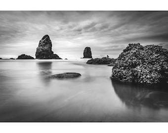 May include: Black and white photograph of a coastal scene featuring large rock formations in the ocean. The water is smooth and reflective, with a cloudy sky overhead. The image captures a serene, natural landscape.
