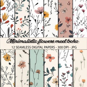 Schöne Blume Boho Stil Muster, Digitales Papier Set von 12, Digital Scrapbooking, Digital Download