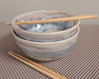 Pottery Noodle or Rice Bowl in Cream, Blue, and Purple