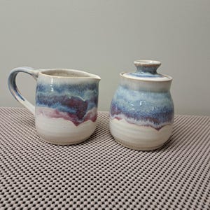 Handmade Ceramic Cream and Sugar Set in Blue, Purple and Beige
