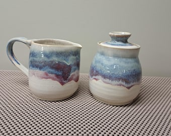 Handmade Ceramic Cream and Sugar Set in Blue, Purple and Beige