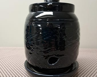 Handmade Ceramic Garlic Keeper with Matching Grater in Black - Large size