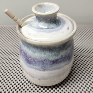 Handmade Ceramic Honey Pot in Pink, Purple and Beige