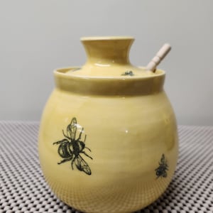 Handmade Ceramic  Honey Pot in Yellow - Honey Bee Design