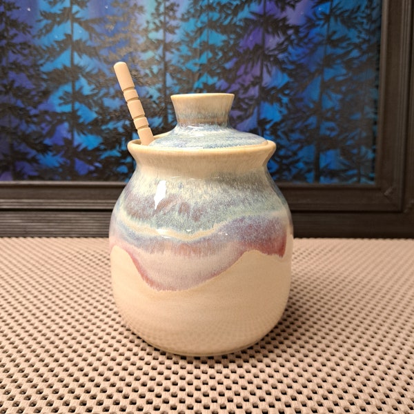 Ceramic Honey Pot in Cream, Blue and Purple / Jam Jar / Sugar Bowl