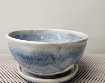 Handmade Ceramic Berry Bowl with Matching Plate in Cream and Blue