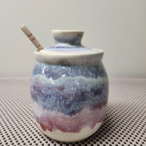 Handmade Ceramic Honey Pot in Blue, Purple and Beige