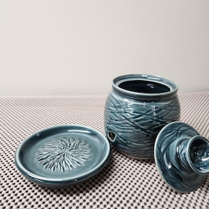 Pottery Garlic Keeper / Garlic Jar with Garlic Grater in Green