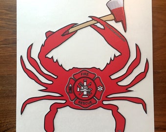 Official Shore Redneck® Red Fire & Rescue Crab w/Axe Decal