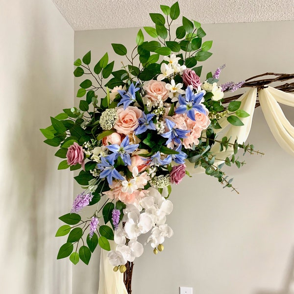 Wedding arch arrangement with silk flowers in periwinkle, mauve, blush and white colour/Wedding flowers backdrop/Ceremony flower decor/Arbor