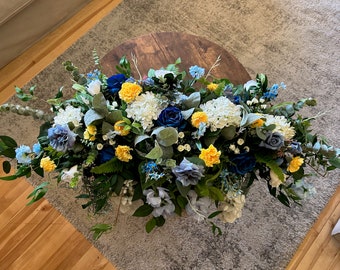 Sweetheart table arrangement made with tones of blue, yellow & white flowers/Wedding table centrepiece/Head table silk flowers/Table garland