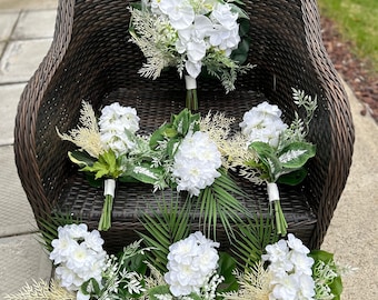 White Wedding bouquets, boutonnieres&corsages with orchids, delphinium flowers and tropical foliage/Wedding package/Silk flowers wedding set