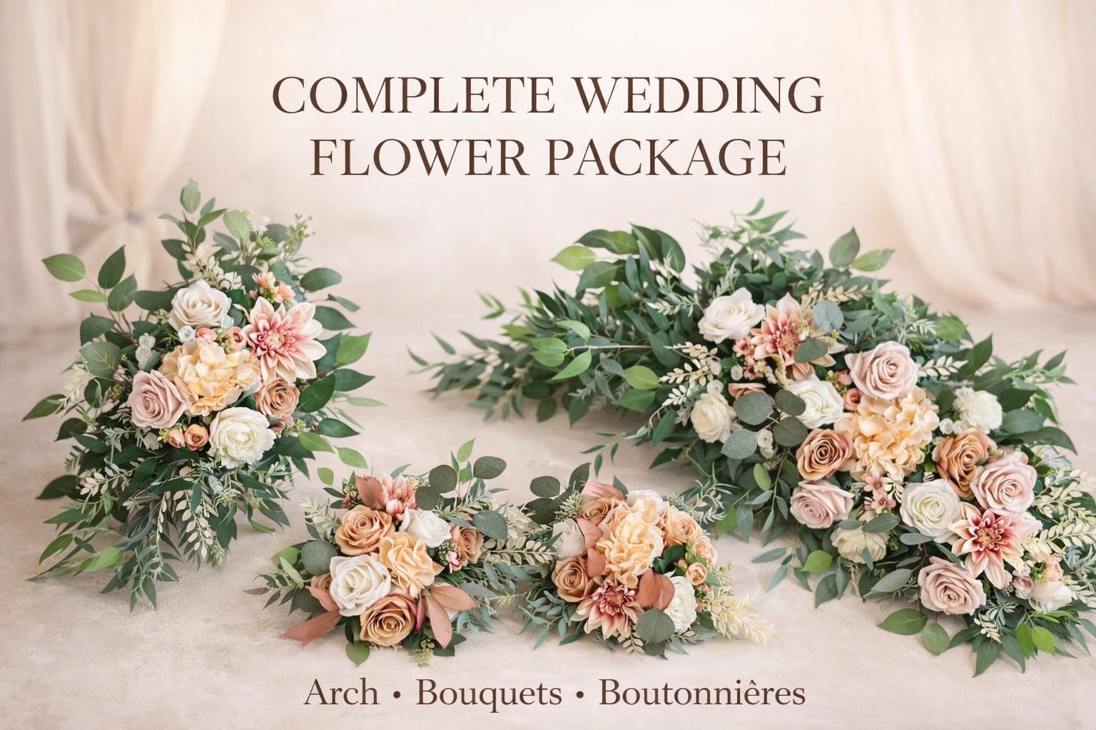 Fall Neutral Wedding Flower Package, Bridal Bouquet, 2 Bridesmaid