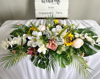 Sweetheart table arrangement made with tropical foliages and sunflowers/Wedding table centrepiece/Head table silk flowers/Table garland/Swag
