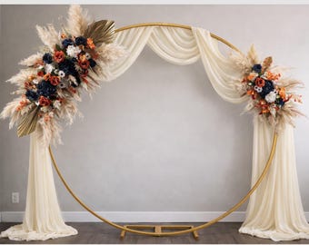 Wedding arch with burnt orange & navy blue flowers/Fall Boho wedding arrangement/Wedding arbor arrangement/Pampas grass backdrop/Boho swag