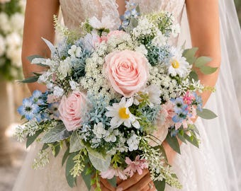 Dusty Blue & Blush Wedding Flower Package, Bridal and Bridesmaid Bouquets, Boutonnière, Arch Flowers, Aisle Markers, Silk Wedding Flowers