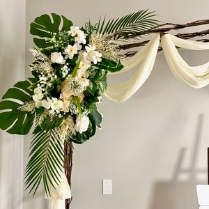 White Tropical wedding arch flowers/White Corner swag &tieback/Silk flowers tropical archway/Tropical arbor decor/White Wedding backdrop