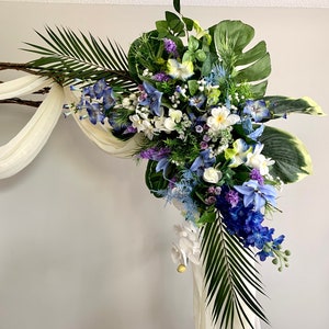 Tropical wedding arch with blue, purple silk flowers/Corner swag&tieback/Tropical archway arrangement/Tropical arbor decor/Wedding backdrop