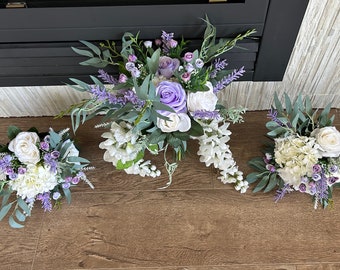 Wedding package with purple silk flowers/Purple Bridal bouquet/Bridesmaid bouquets/Boutonniere/Corsages/Wedding bouquets set/Wedding flowers