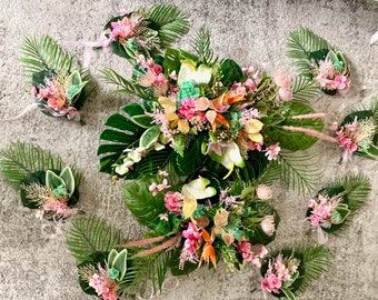 Tropical wedding package/Tropical archway arrangement and pew end silk flowers/Tropical aisle decor/Wedding backdrop/Wedding aisle hanger