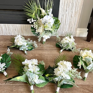 Tropical Wedding package with white faux flowers/Tropical flowers/Bridal & Bridesmaid bouquets/Tropical wedding bouquets set/Pew flowers