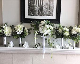 White Hydrangea Wedding Bouquet Set, Silk Succulents, Greenery