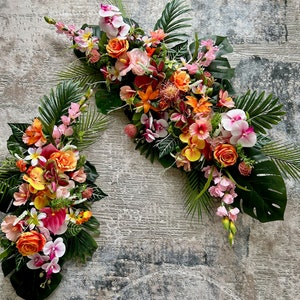 Tropical wedding arch flowers/Corner swag &tieback made with silk flowers/Tropical archway arrangement/Tropical arbor decor/Wedding backdrop