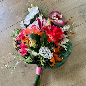 Red, fuchsia, orange&purple tropical bridal bouquet/Tropical bridesmaid bouquets/Tropical wedding bouquets package/Silk tropical wedding set