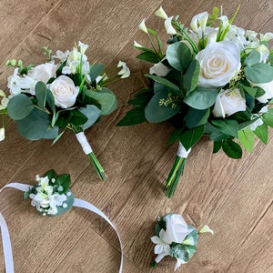 White ivory Wedding set/Silk bridal and bridesmaid bouquets, boutonniere & wrist corsage/ Eucalyptus bridal bouquets/Wedding flowers package