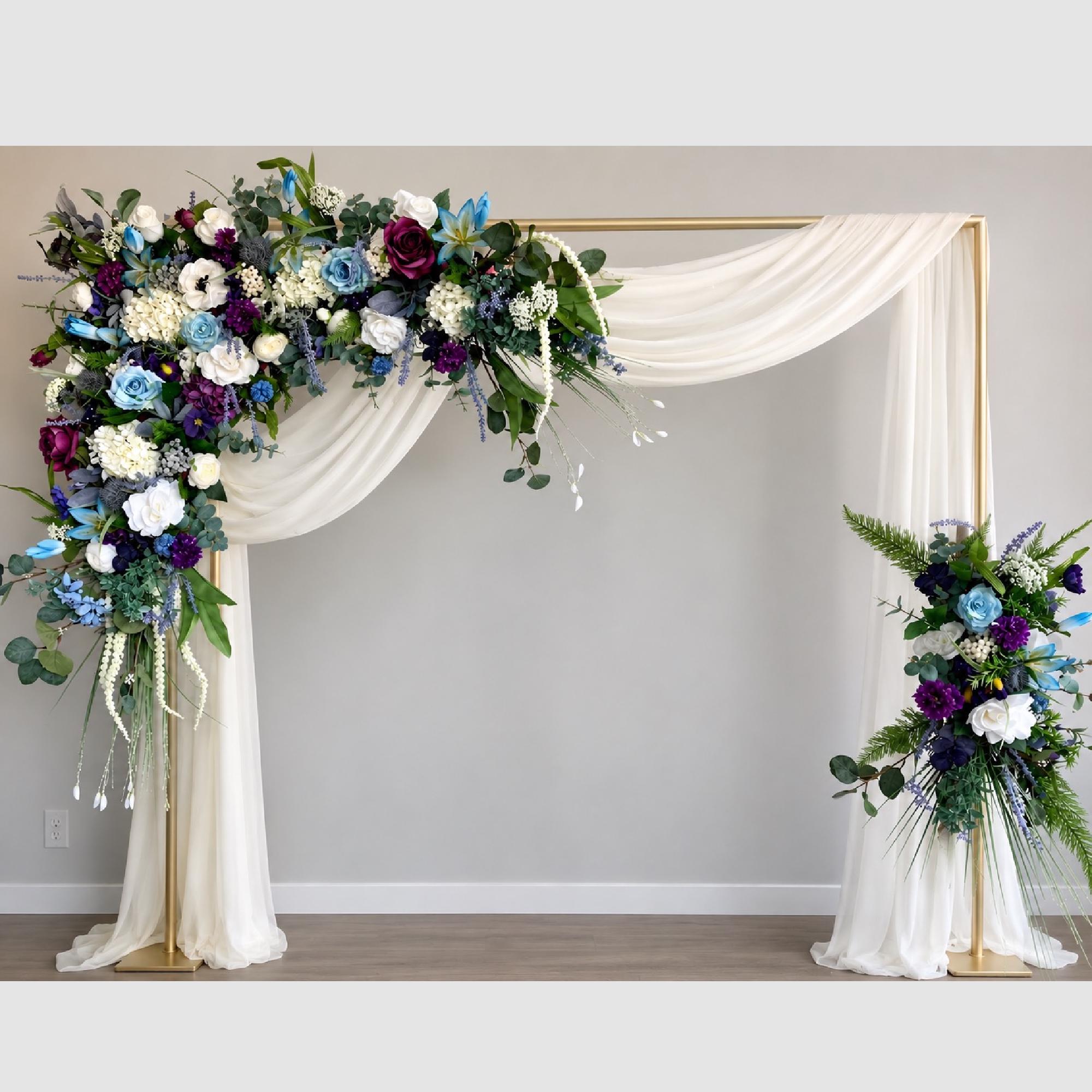 Plum, Blue & White Wedding Arch Flowers: Corner Swag and Tieback